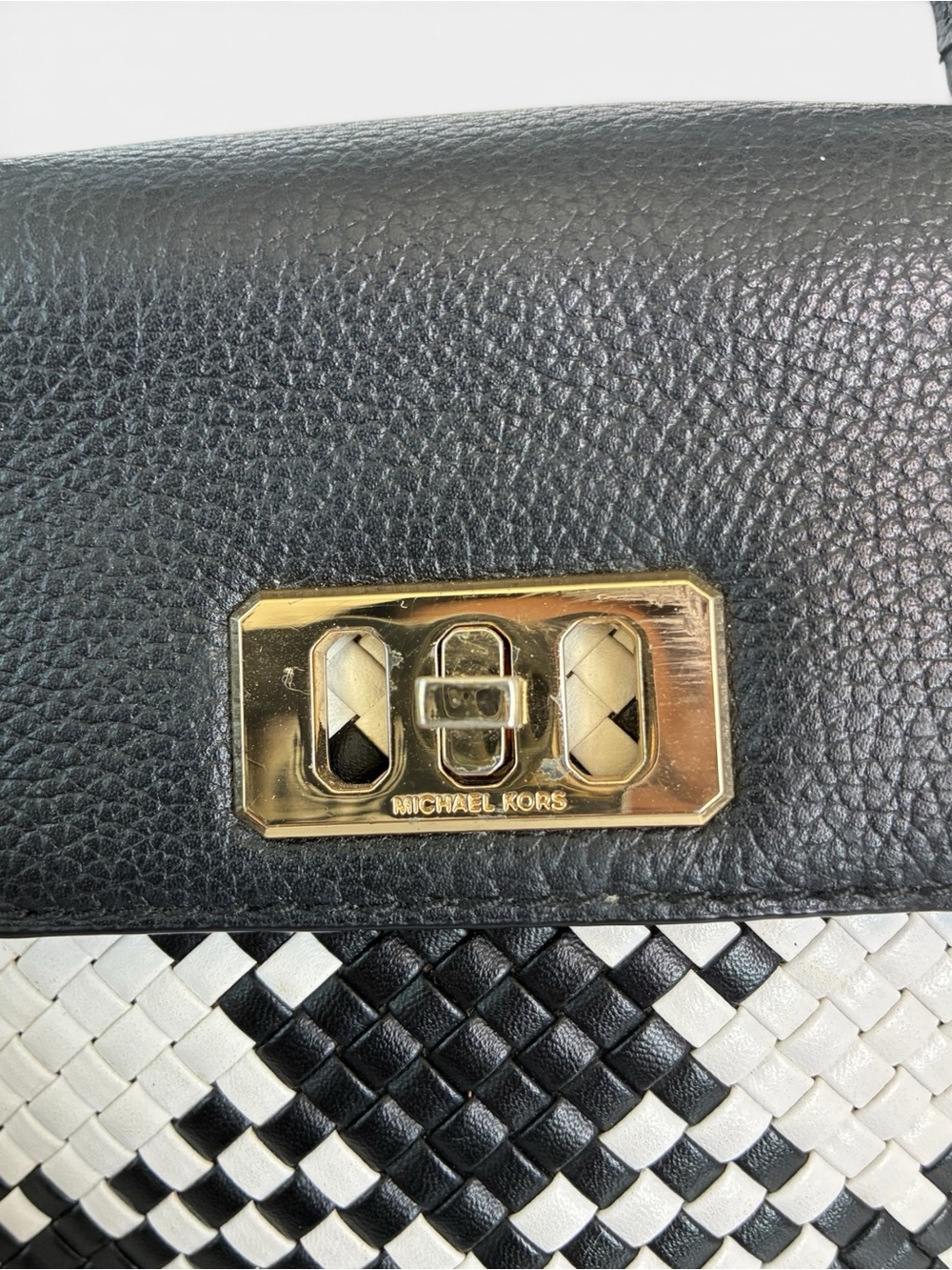 Michael Kors Woven Leather Satchel Crossbody Bag Black White Top Handle Purse - Picture 7 of 9
